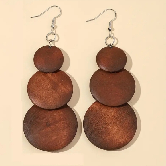 3 Circle Wooden Dangling Retro Fashion Earrings - Picture 1 of 4